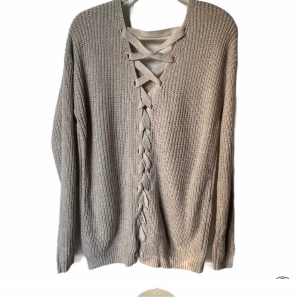 SO Braided Back Sweater V Neck Beige Knit Long Sleeves Size L - Picture 5 of 6